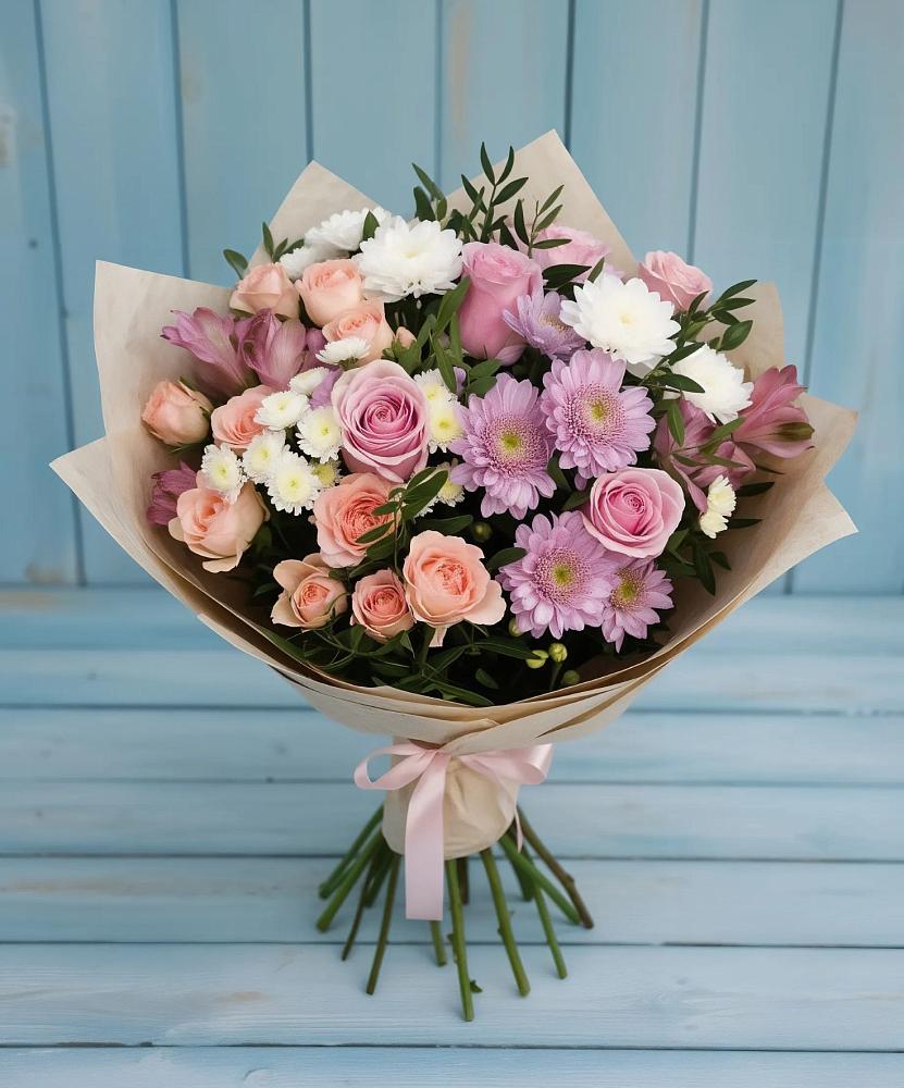 Букет цветов из: Хризантемы, Розы и Альстромерии в Полотняный Завод