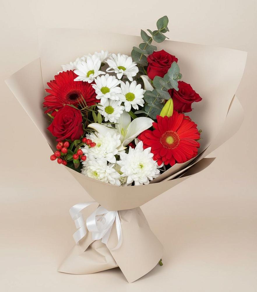 Букет цветов из: Розы, Хризантемы, Герберы и Лилии в Полотняный Завод