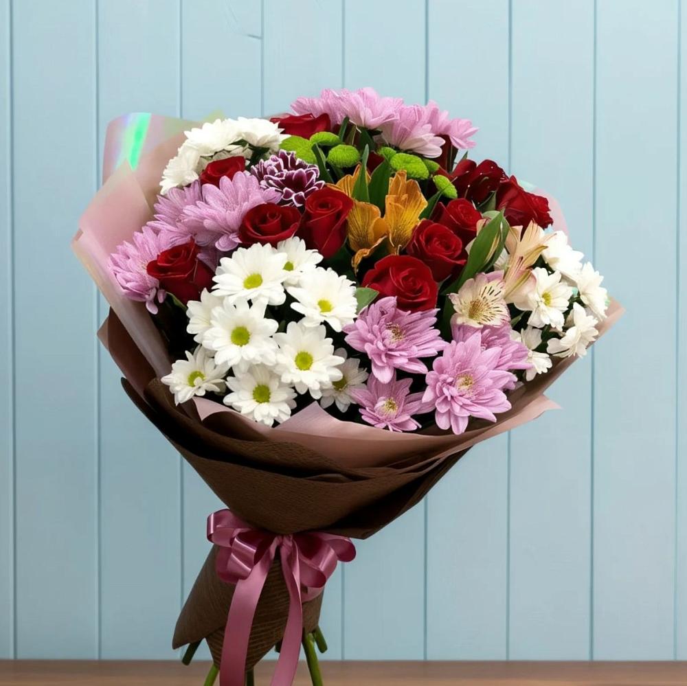Букет цветов из: Розы, Хризантемы и Альстромерии в Полотняный Завод