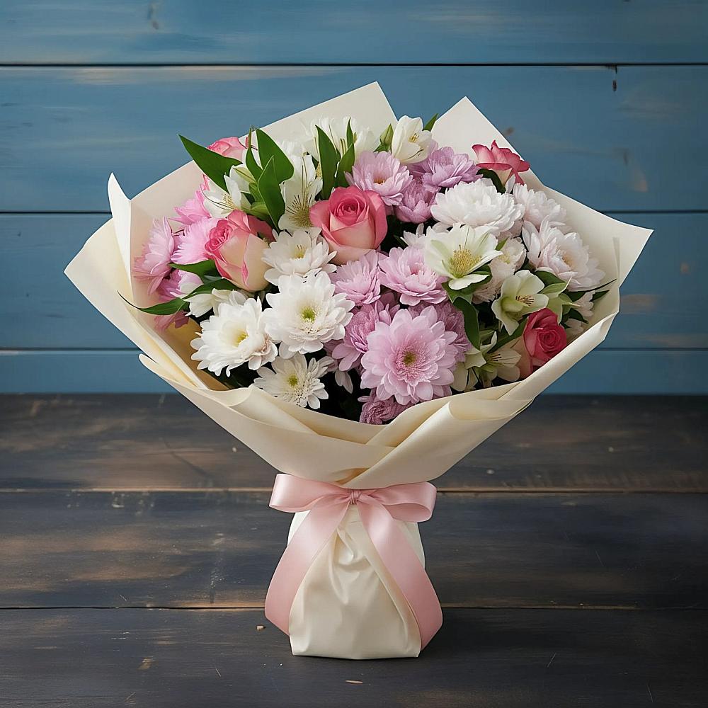 Букет цветов из: Хризантемы, Альстромерии и Розы в Полотняный Завод